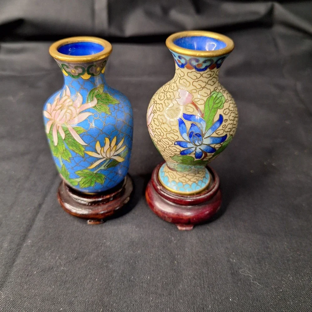 Vintage Pair of‎ Chinese Cloisonne Enamel Miniature Floral Vases Blue & Cream